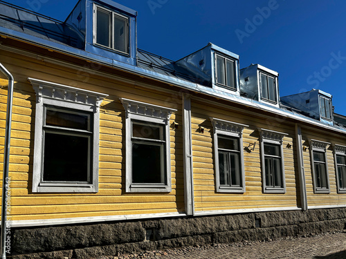 Traditional Old Yellow Wooden Finnish Houses in Porvoo (Borgå) Finland.