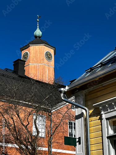 Clocks on Tower of Old Town Hall in Porvoo (Borgå) in Finland. 