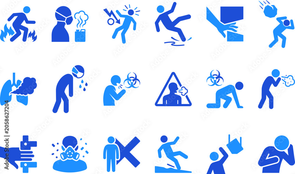 Fototapeta premium Danger hazard and warning signs collection depicting health risks accidents and safety symbols blue icons.