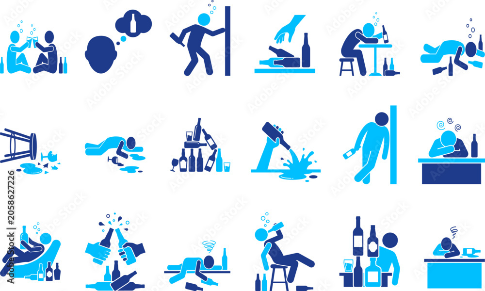 Fototapeta premium Alcohol abuse and intoxication icons, drunk people and spilled drinks.