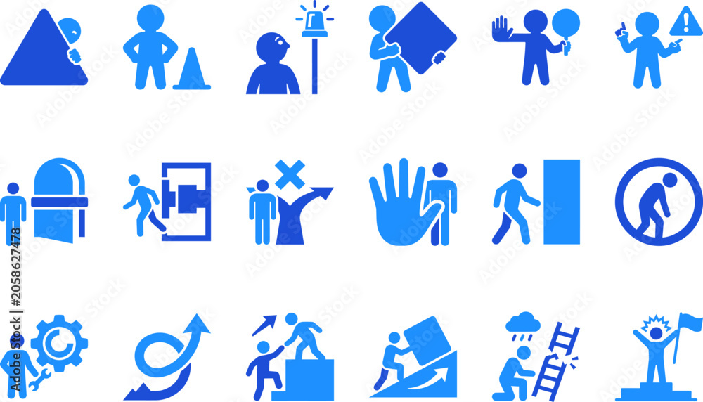 Fototapeta premium Set of blue human icons representing teamwork, challenges, and success in various business scenarios