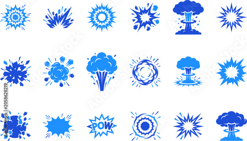 Collection of blue explosion and blast effect icons representing energy impact and dynamic power.
