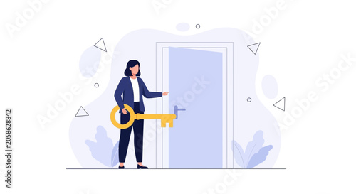 Woman holding large golden key unlocking a door, representing opportunity, success, and new beginnings.