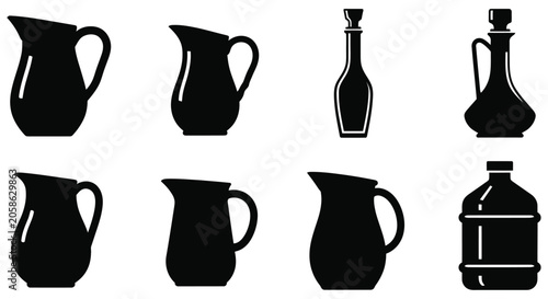 Bild auf Leinwand Black Silhouette Collection Of Pitchers And Bottles Isolated Background