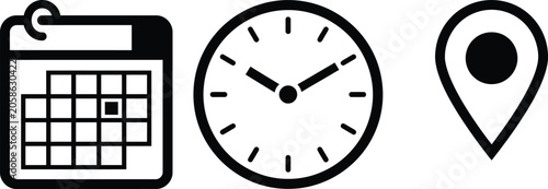 Black and white calendar clock and location pin icons set