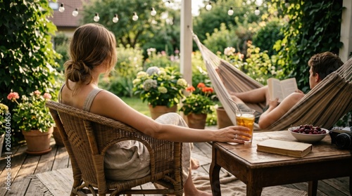 Couple relaxing in garden terrace, woman sitting in wicker chair drinking iced tea, man reading book in hammock, peaceful summer afternoon, leisure time at home
