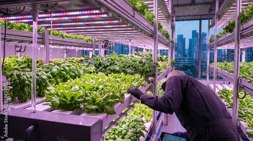 Vertical farming indoor agriculture with LED lights, sustainable urban food production in greenhouse, worker inspecting fresh green lettuce and vegetables on hydroponic shelves