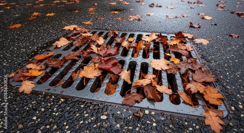 Grating of a Storm Drain Cover with Autumn Leaves