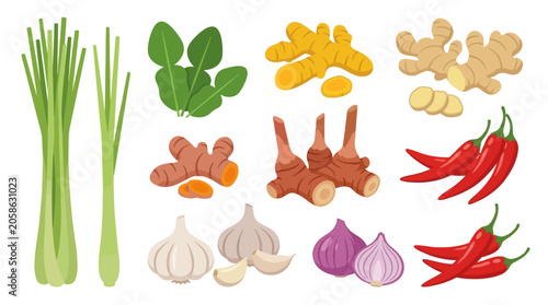 Set of fresh herbs and spices including lemongrass ginger turmeric garlic chili and onion.