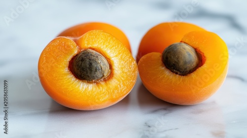 Halved Apricot Showing Pit on White