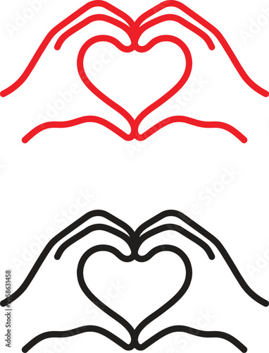 Two hands forming a heart shape symbol in red and black line art style
