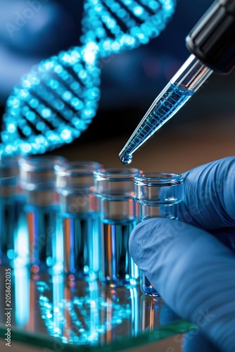 Blue gloved hands using pipette above laboratory tubes with glowing DNA helix reflection