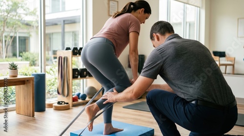 Physiotherapist assisting female patient with knee rehabilitation using resistance band, physical therapy session for injury recovery, sports medicine, healthcare treatment