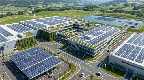 Aerial view of modern eco-friendly factory complex with solar panels on roofs, green architecture, sustainable industrial building, photovoltaic energy system