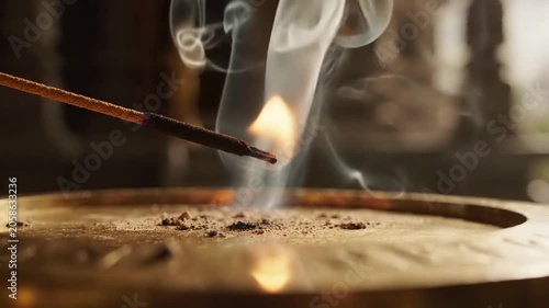 Burning Incense Stick With Flowing Smoke Rising Above Golden Metal Bowl In Soft Warm Sunlight