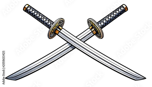 Sleek Crossed Katana Sword Vector Illustration on White Background
