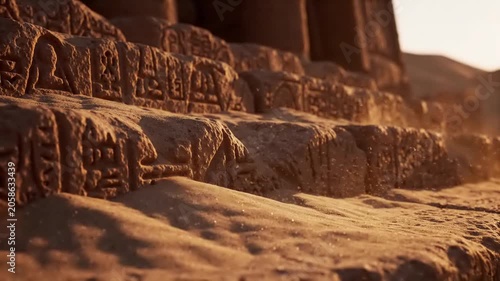 Ancient Stone Carvings With Hieroglyphics On Sand Dune At Sunset With Golden Warm Sunlight And Dust