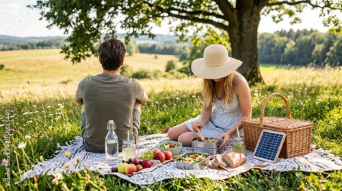 Couple enjoying picnic under tree in sunny meadow with solar panel charging device beside wicker basket, sustainable outdoor dining experience, eco-friendly lifestyle