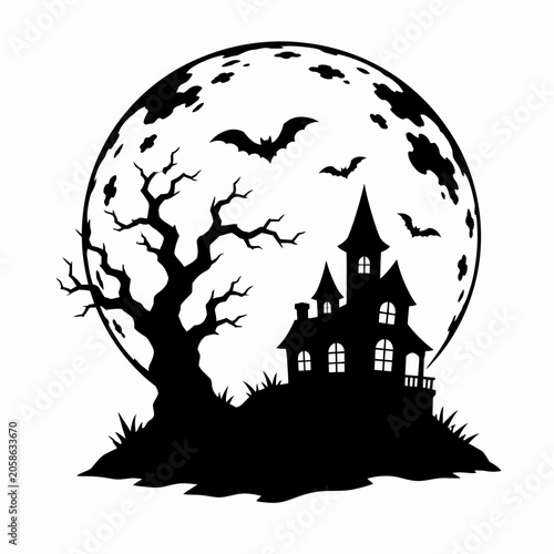 Spooky Haunted House Silhouette with Full Moon and Bats Vector Art
