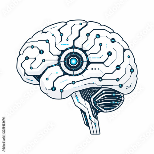 Robotic Brain Vector Illustration with Blue Glowing Circuits