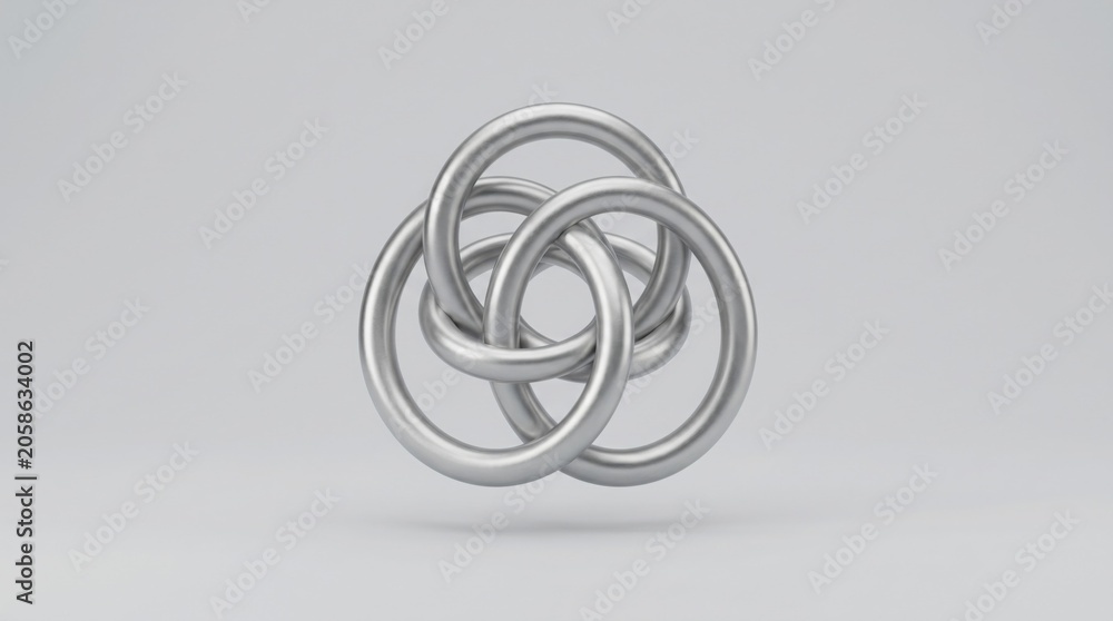 Fototapeta premium A 3D rendering of a silver Borromean ring system with six interconnected loops on a light gray background.