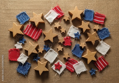 Scattered Wooden Stars and Fabric Patriotic Decorations