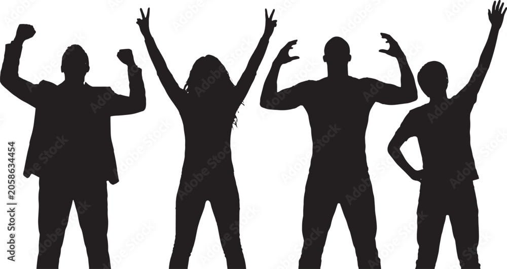 Fototapeta premium Group silhouettes express excitement and victory by raising their hands and arms in various poses, representing a diverse team achieving a common goal within a professional or social environment.