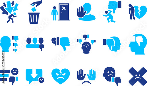 Fotografia Negative feedback symbols like thumbs down, broken heart, and sad faces indicating disapproval and rejection