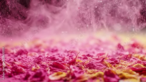 Pink Rose Petals Falling Into A Pile Of Vibrant Yellow And Crimson Floral Fragments Macro Motion