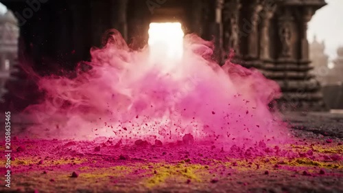 Vibrant Pink Holi Powder Bursting On Ancient Stone Temple Floor With Warm Sunlit Archway Background