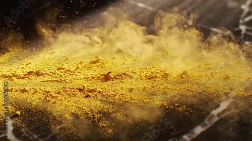 Vibrant Yellow Powder Exploding On A Sleek Black Marble Surface With Dramatic Cinematic Lighting