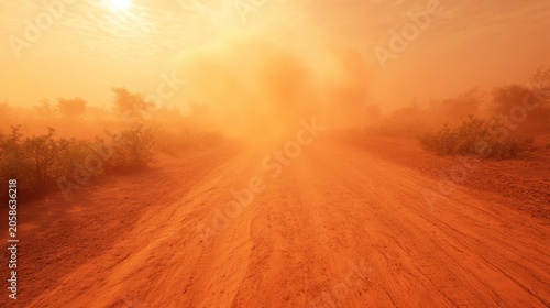 Swirling Sandstorm Dust Cloud Obscuring Dirt Road