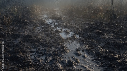 Torrential Rain Creates Rivulets on Dusty Dirt Path