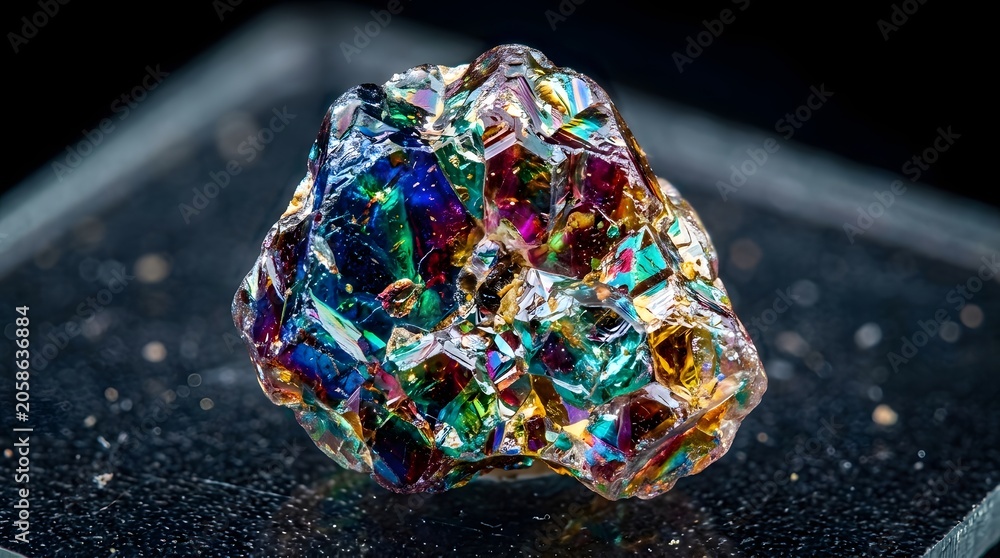 Naklejka premium Vibrant iridescent gemstone featuring sharp geometric facets and deep spectrum colors isolated on transparent background