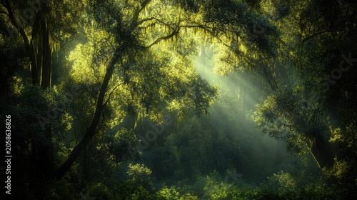 Verdant Canopy of Ancient Redwood Trees with Sunlight
