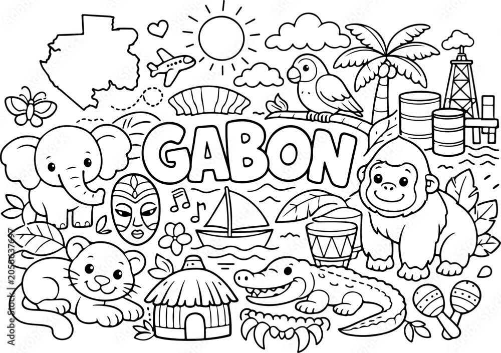 Fototapeta premium gabon cartoon outline hand drawn Line Art illustration doodle art coloring page for kids