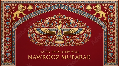 Happy Parsi New Year Nowrooz Mubarak with Faravahar symbol and traditional Persian design