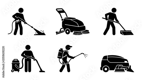 Фотография Cleaning Service Icons Set: Professional Equipment & Staff for Janitorial Tasks,