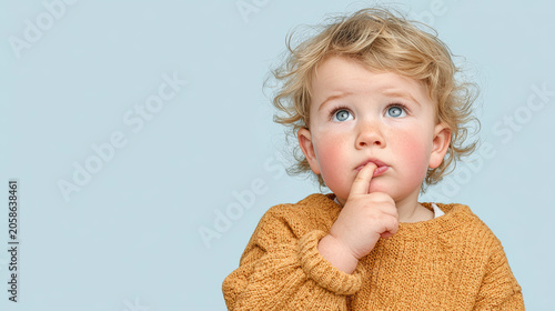 a curly-haired toddler wearing a mustard yellow sweater, looking upward with a thoughtful expression while touching their lip, set against a soft blue backdrop.
