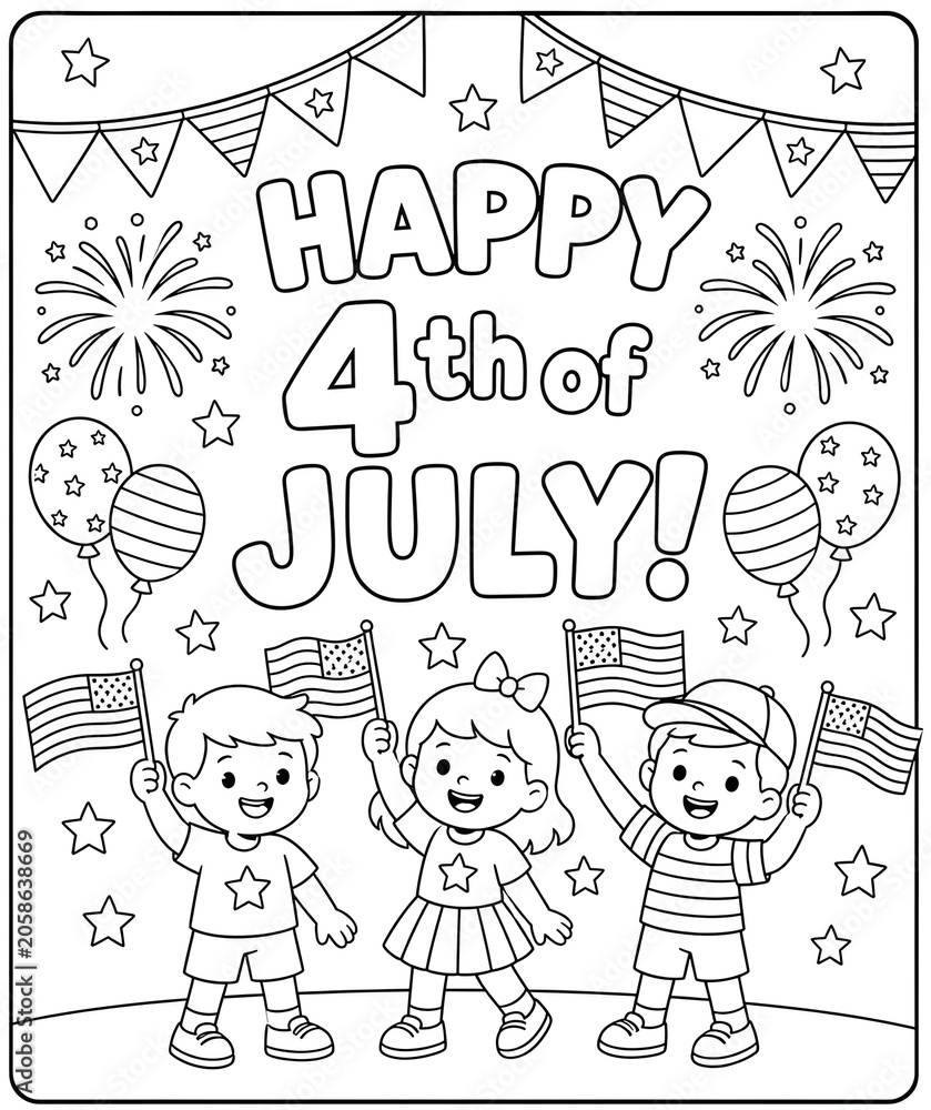 Fototapeta premium Happy 4th of July patriotic coloring page with children and flags