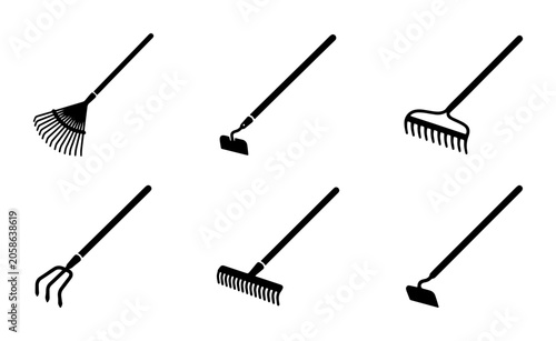 Fotografie Gardening Tools Collection: Rake, Hoe, Pitchfork Icons