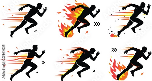 Running Man Silhouette Icon Set with Fast Speed Motion Trails and Fire Elements for Sports Apps, Fitness Branding, and Marathon Graphic Designs