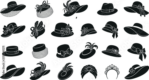 Vintage and Modern Women Hat Silhouette Icon Set Featuring Elegant Fascinators, Pillbox Hats, Fedoras, and Royal Tiaras for Fashion and Event Design