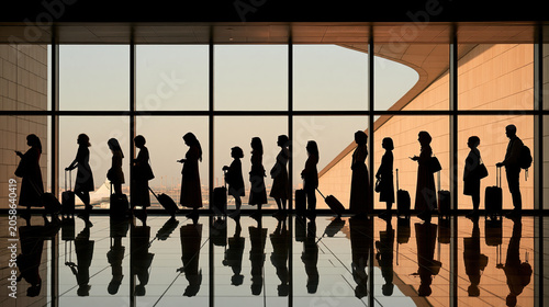 Airport queue silhouette travel passenger line luggage departure hall modern architecture sunrise window reflection business trip vacation diverse people waiting patiently