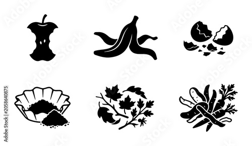 Foto Composting Icons Set: Organic Waste, Food Scraps, Garden Debris, Eco-Friendly Re