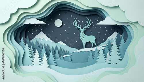 Layered Paper Art Winter Mountain Landscape with Fantasy Forest Scene and Creative Nature Illustration