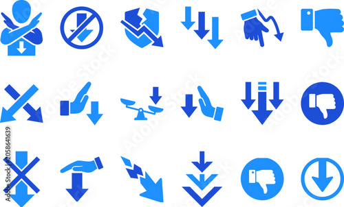 Foto Set of downward movement and negative feedback icons including falling arrows and thumbs down symbols