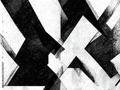 Abstract Risograph scan texture overlay with stipple grain and photocopy artifacts, with sharp, geometric shapes and lines, monochrome black and white, minimalist composition, sharp focus.