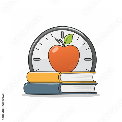 Apple on books with clock illustration