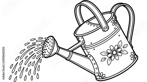 Black and White Line Art Illustration of a Floral Watering Can